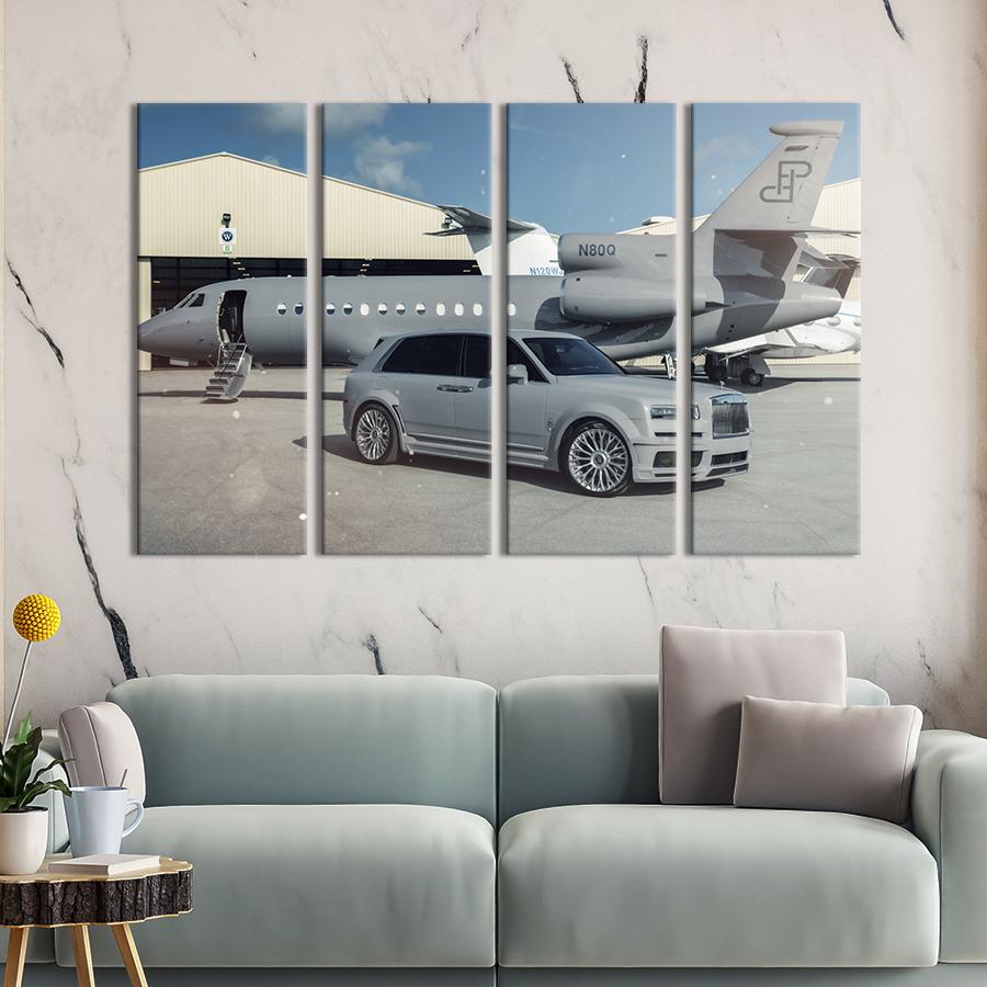 Картина на холсте Мощный автомобиль возле самолёта 89x53 см (1392-41)