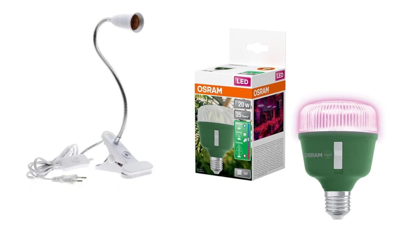 Фитолампа OSRAM T80 20W 650Lm E27 и гибкий светильник с прищепкой (00231)