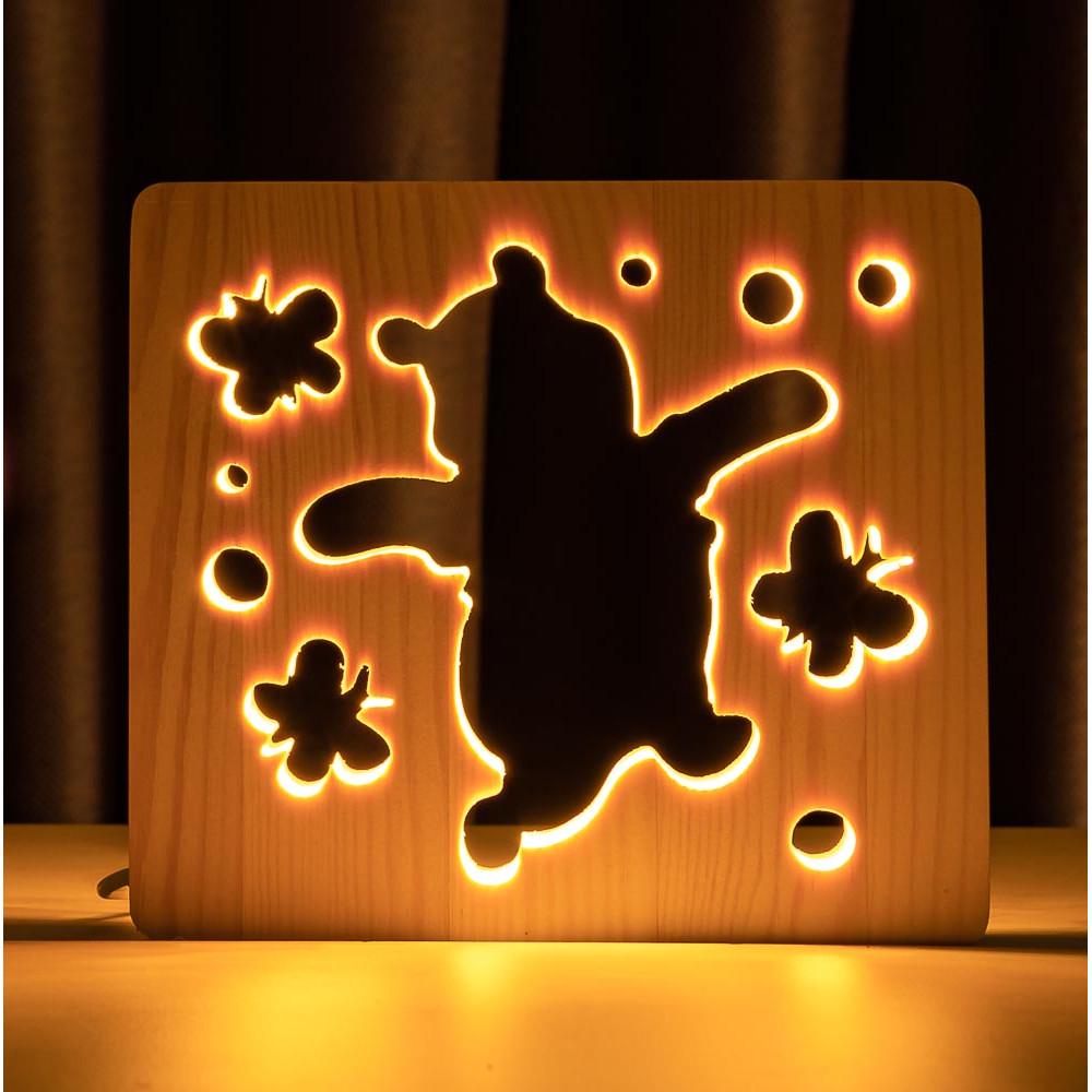 Ночник из дерева ArtEco Light LED Веселый мишка с пультом Белый теплый (1020410)