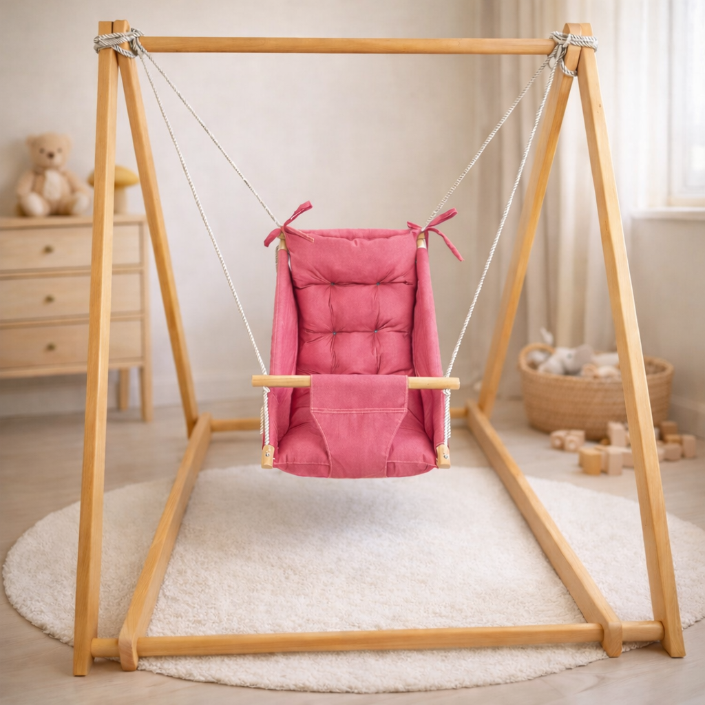 Комплект Деревянная опора и Колыханка хлопок Темно-розовый (gs-9168)