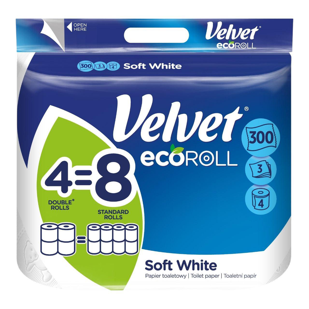 Туалетний папір Velvet Eco Roll Soft White 3-шаровий 300 відривів 4 шт.