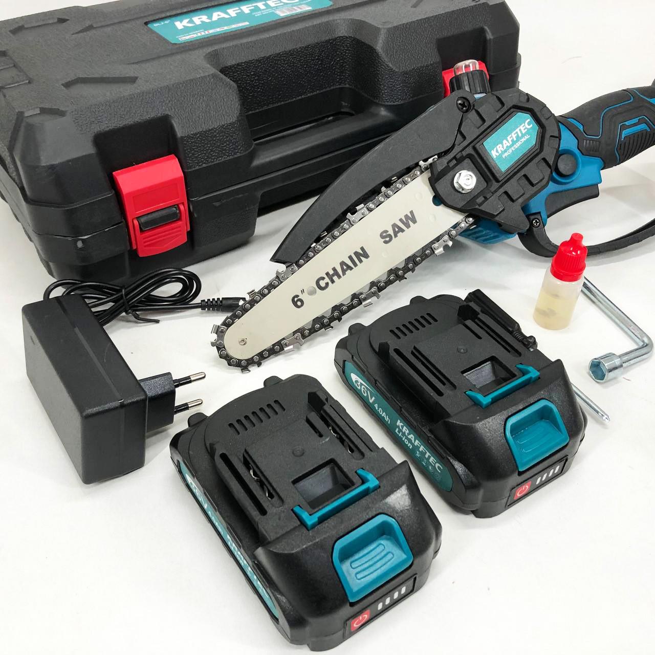 Пила цепная мини Krafftec 36V 4 А·ч 2 аккумулятора с индикатором заряда в кейсе 15 см - фото 7 Пила цепная мини Krafftec 36V 4 А·ч 2 аккумулятора с индикатором заряда в кейсе 15 см - фото 7