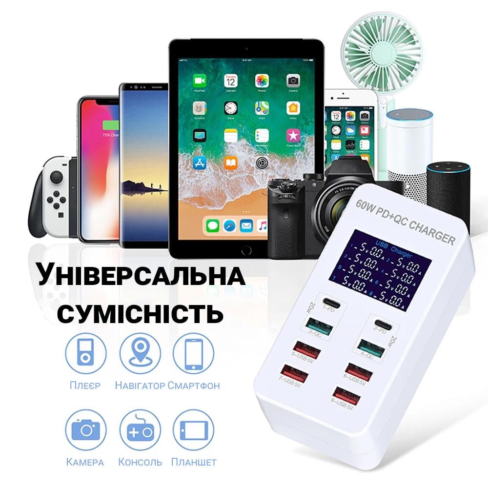 Пристрій зарядний Addap WLX-A8T на 8 роз'ємів 2 Type-C/6 USB-A із підтримкою PD 3.0 та QC 3.0 швидкої зарядки - фото 13