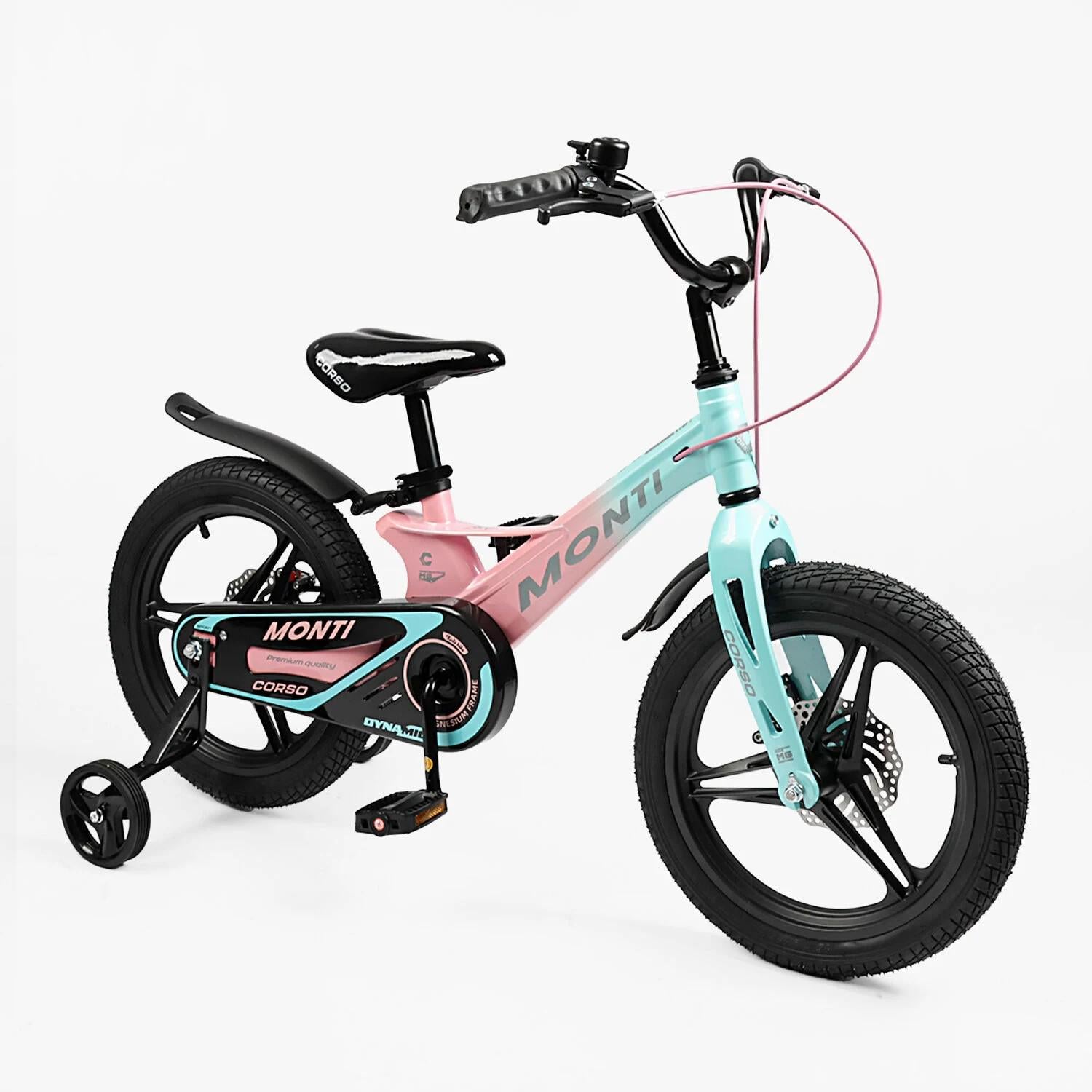 Детский велосипед Corso Monti двухколесный 16" с дополнительными колесами Радужный (MT-16998)
