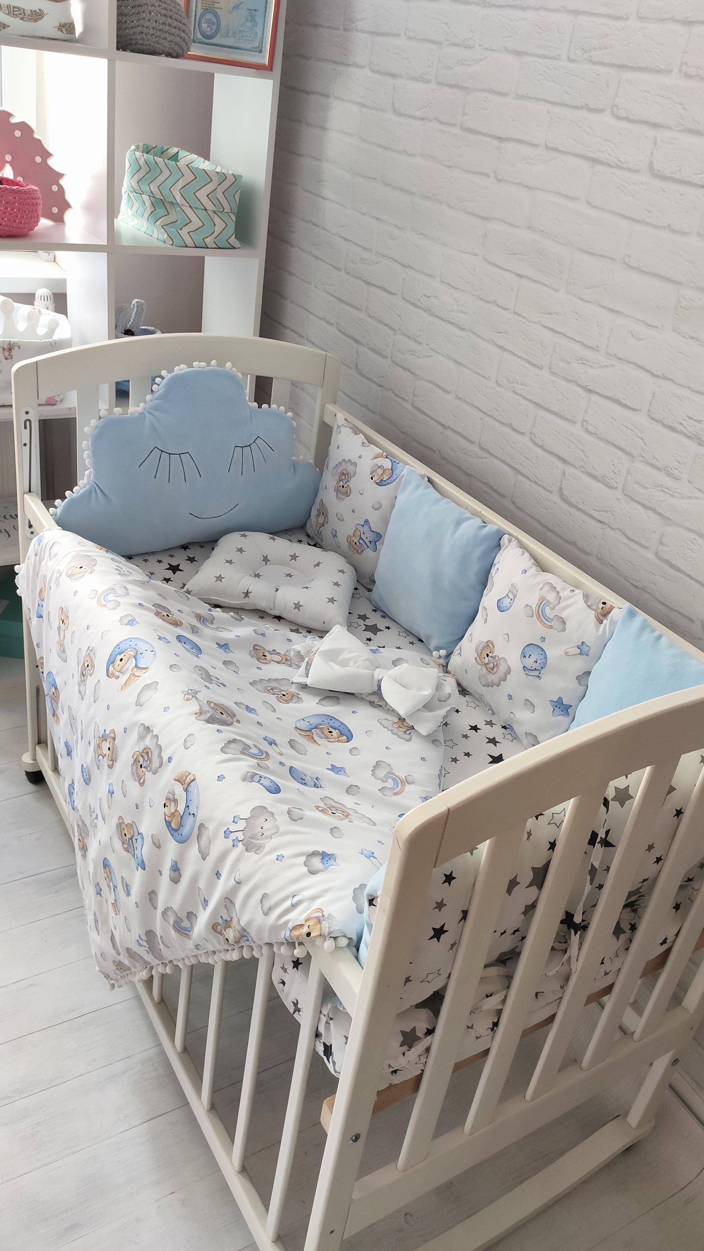 Набор бортиков в кровати Велюр Облако на три стороны Голубой - фото 3