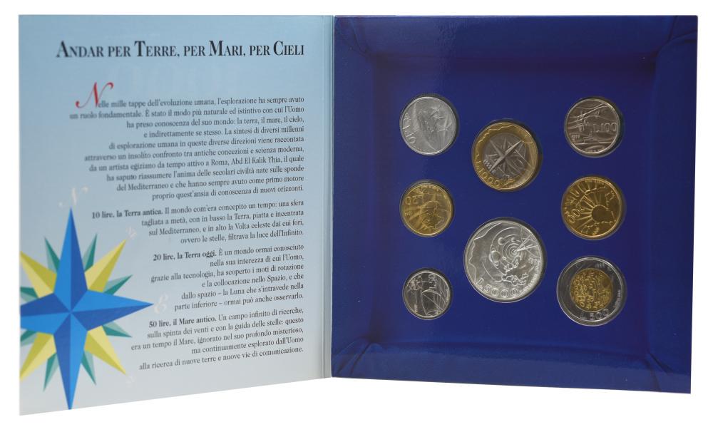 Набор коллекционных монет Сан-Марино 8 шт. 1999 UNC 10/20/50/100/200/500/1000/5000 лир из серебра (М23385)