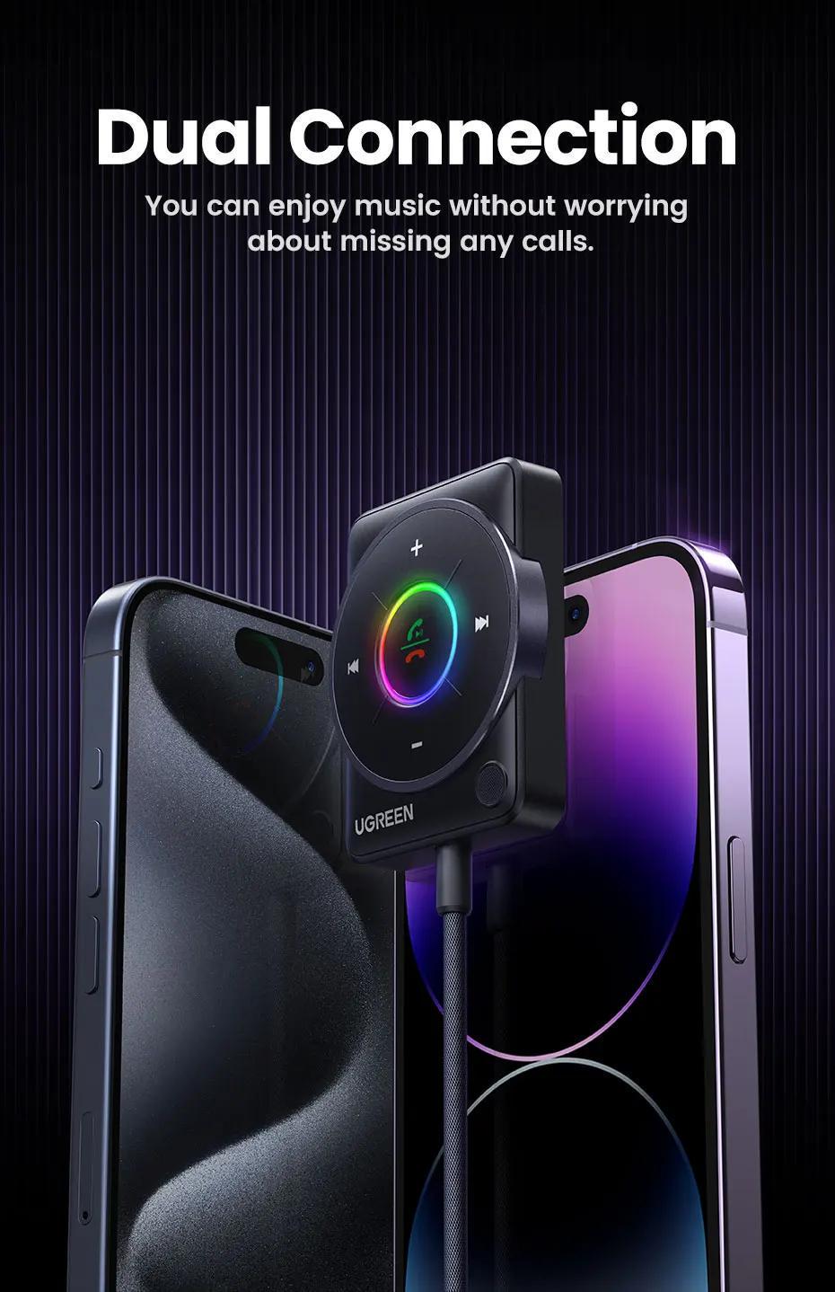 Адаптер UGREEN Bluetooth 5.4 приймач USB-AUX/3,5 мм minijack з мікрофоном RGB Чорний (35002) - фото 6 Адаптер UGREEN Bluetooth 5.4 приймач USB-AUX/3,5 мм minijack з мікрофоном RGB Чорний (35002) - фото 6