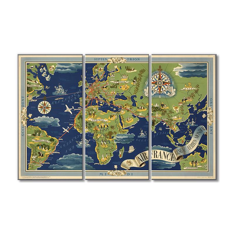 Винтажная карта Карта французских авиалиний 3 модуля 90x135 см