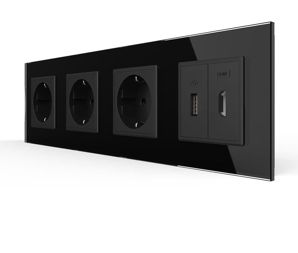Розетка чотиримісна LIVOLO з USB 10Вт інтернет портом RJ-45/HDMI настінна дизайнерська скляна рамка Чорний (VL-C7FCTC16A/FCUA/FCHD-8BP)