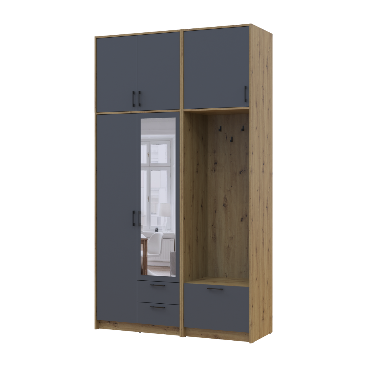 Шкаф для одежды Doros Ронди с вешалкой, зеркалом и высокой антресолей 2 ДСП 142х52х260 см Дуб Артизан/Графит (42005279)