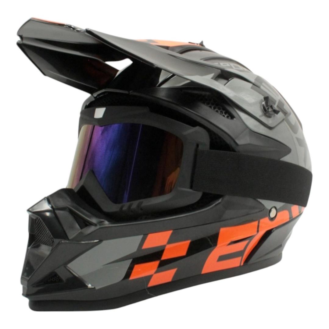 Шлем закрытый кросс/эндуро АТV EDX 022 с крышкой и очками S Черный/Серый/Оранжевый глянец