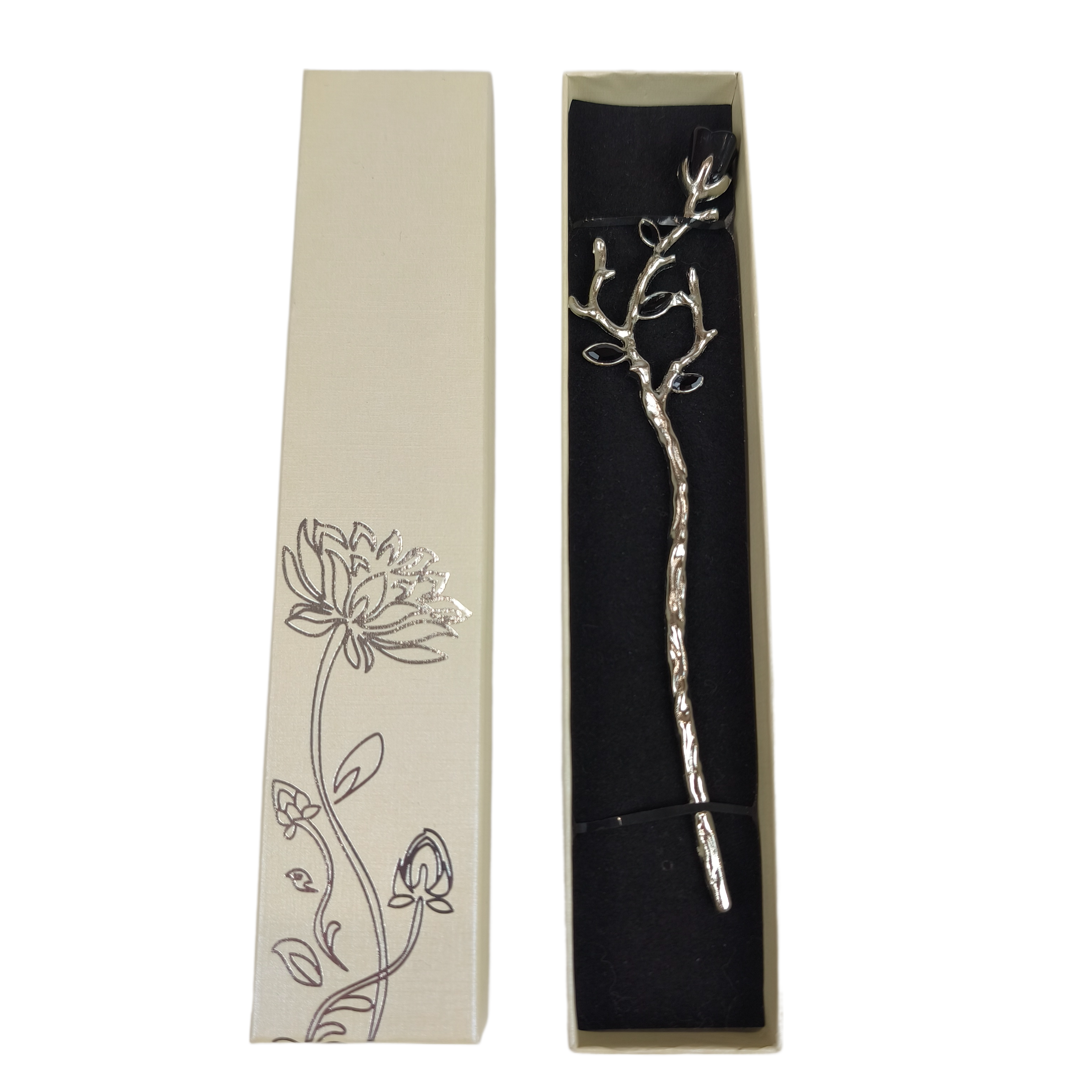 Заколка для волос в азиатском стиле Черная роза металлическая в подарочной коробочке Серебристый (28113)