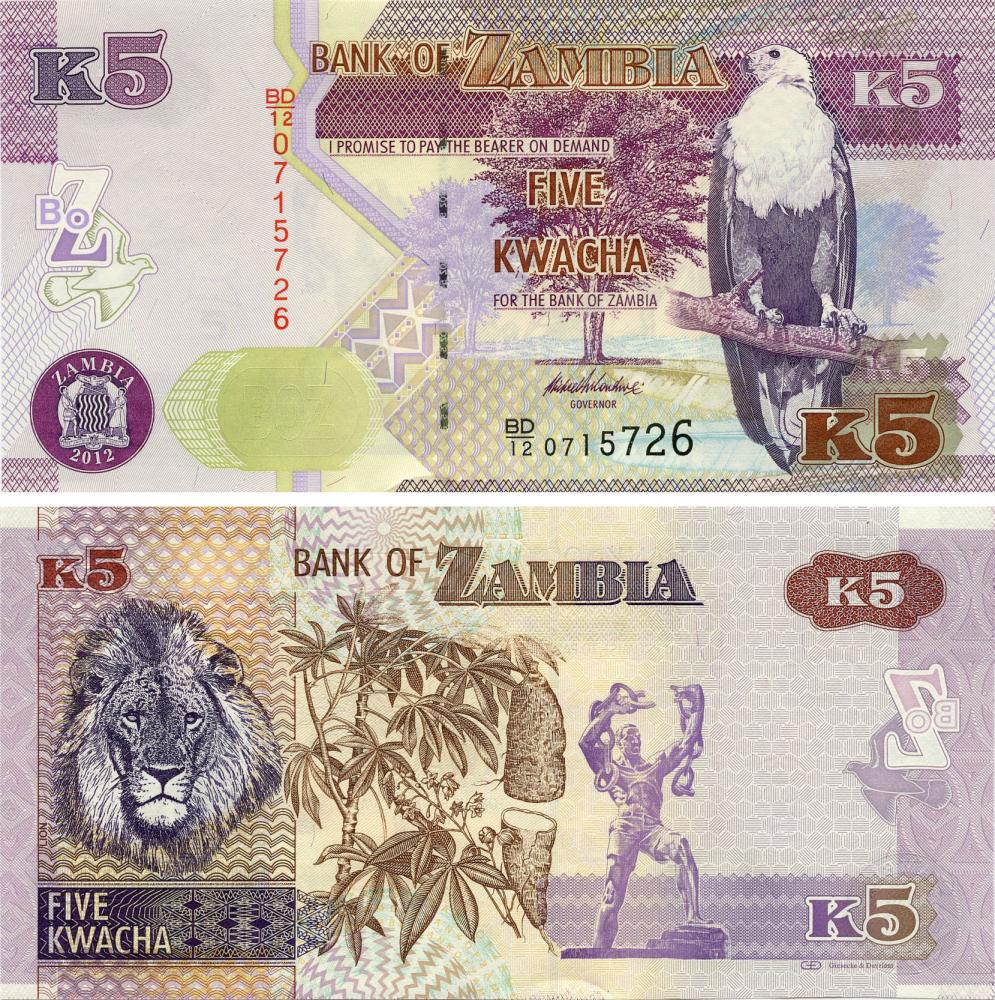 Коллекционная банкнота Замбия 5 квача 2012 Лев UNC P50a (Б14759)