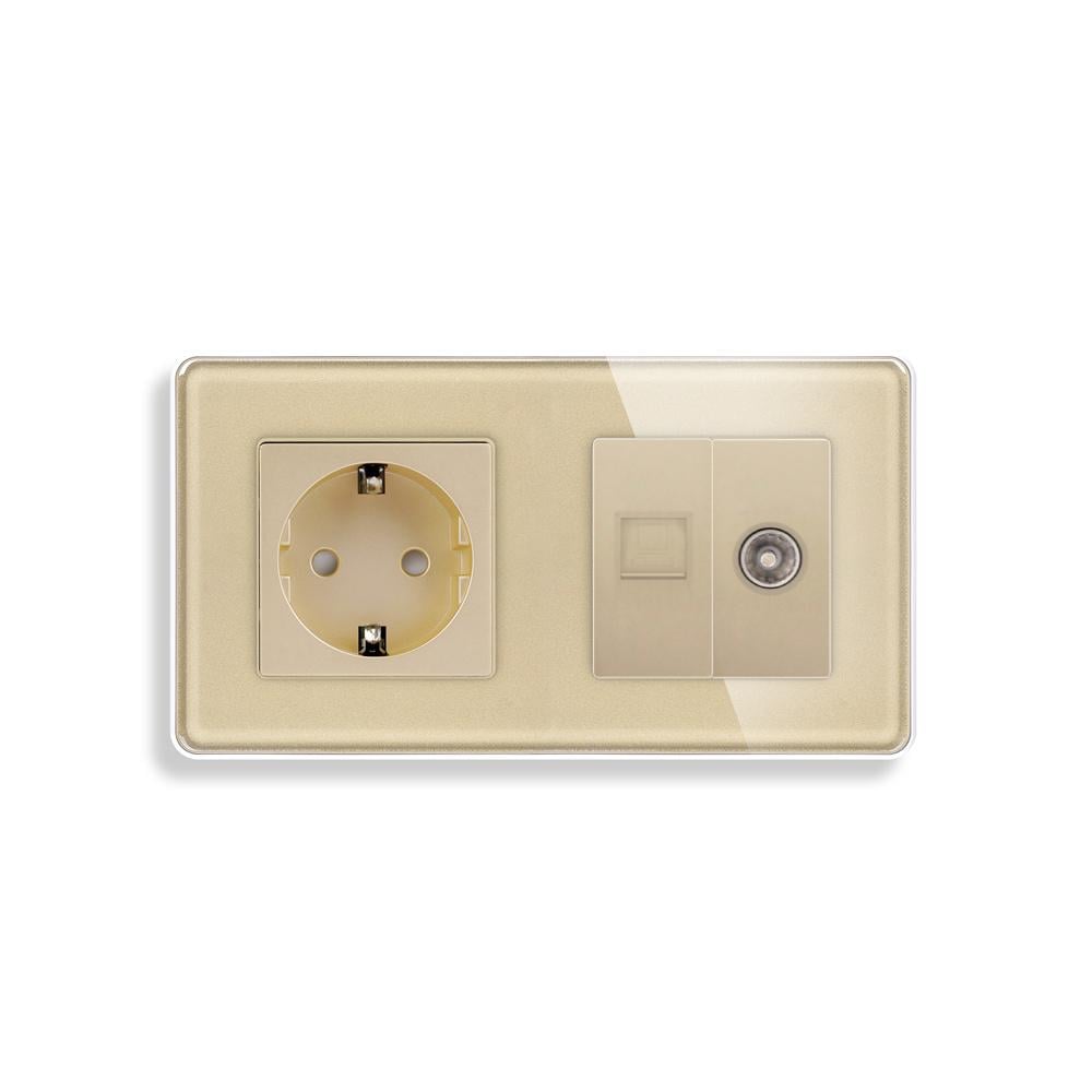 Розетка настенная ELIOS силовая/интернет RJ-45/ТВ дизайнерская стеклянная рамка Золотой (TW-M2FCAT6PTY-GD)