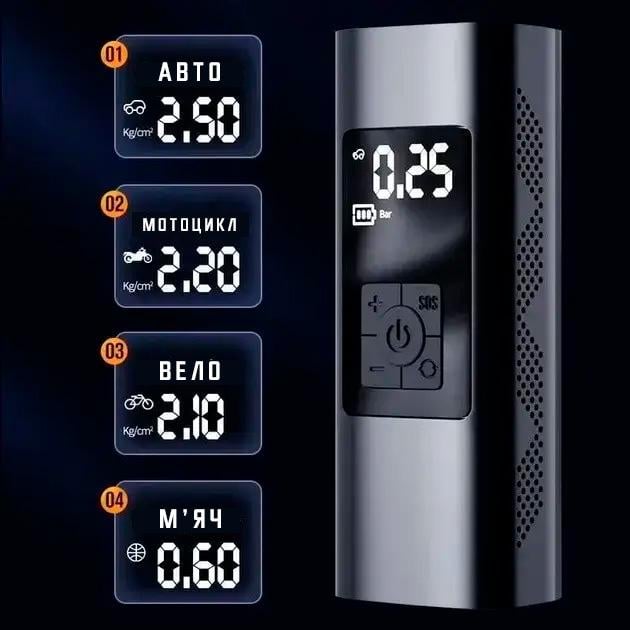 Компрессор автомобильный портативный с аккумулятором 6000 mAh и монитором 12 В (47035) - фото 4