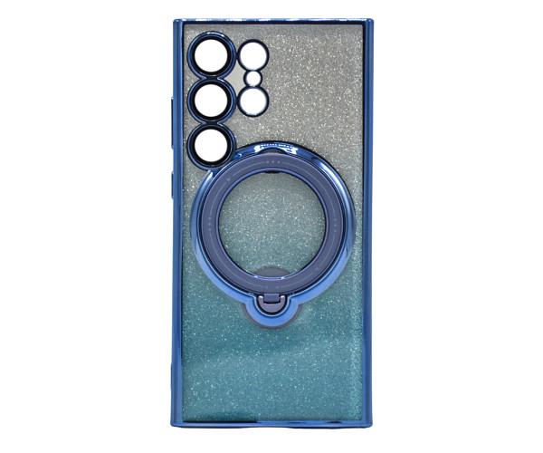 Силиконовый чехол накладка Glitter Case для Samsung Galaxy S24 Ultra с металлическим кольцом держателем и защитой для камеры Голубой
