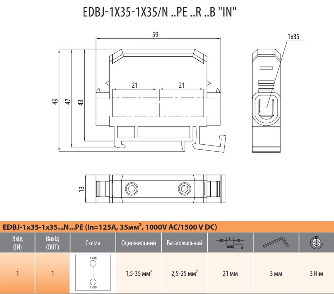 Клема вступна силова ETI EDBJ-1x35-1x35 2,5-35 мм2 125А 1-1 1000V Сірий (1102431) - фото 2 Клема вступна силова ETI EDBJ-1x35-1x35 2,5-35 мм2 125А 1-1 1000V Сірий (1102431) - фото 2