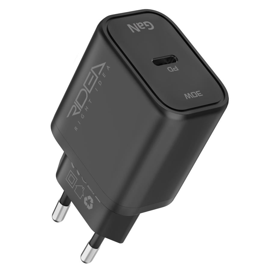 Зарядний пристрій мережевий Ridea RW-GaN30BC Boost Plus 1×USB-C GaN PD/QC/PPS 30 Вт 110-240 В Black (38002617)