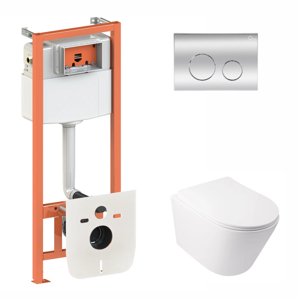 Комплект для ванной комнаты Qtap подвесной унитаз Swan Rimless и комплект установки Nest 4в1 круглая клавиша Chrome (2653607392)