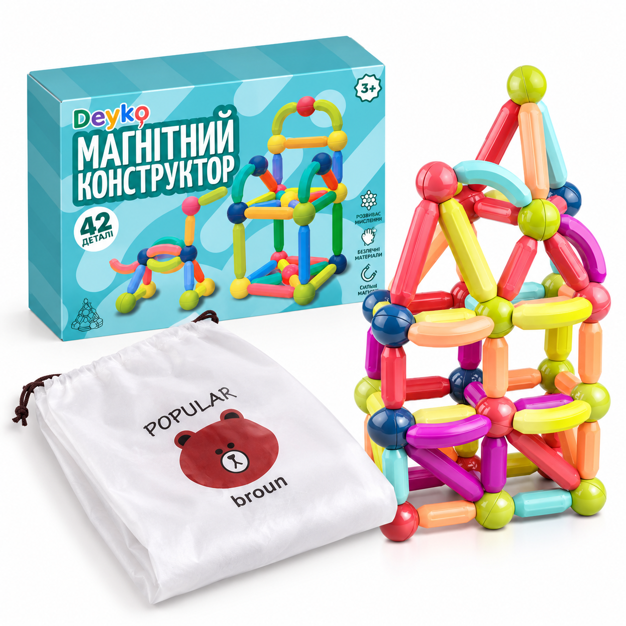 Конструктор 3D Magnetic Sticks детский магнитный из 42 цветных деталей (11187530)