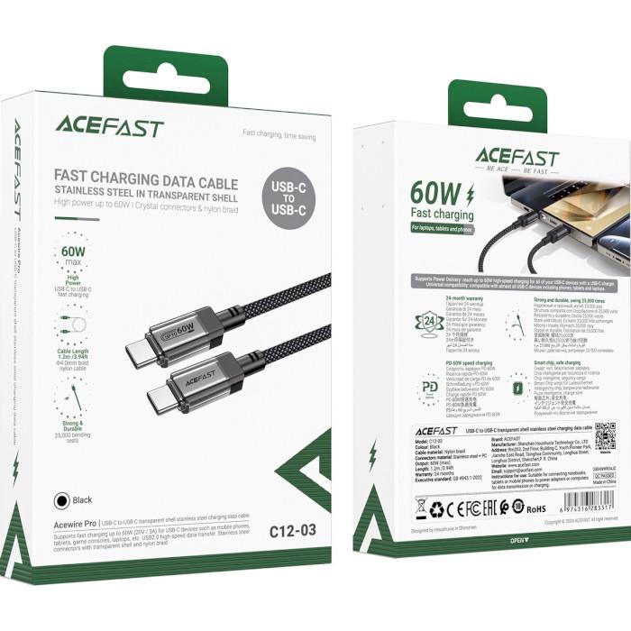 Кабель Acefast C12-03 USB 2.0 USB-C to USB-C 1,2 м 60W 3A Black (6974316283317) - фото 5 Кабель Acefast C12-03 USB 2.0 USB-C to USB-C 1,2 м 60W 3A Black (6974316283317) - фото 5