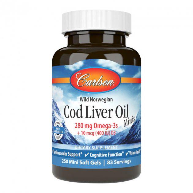 Жирные кислоты Carlson Wild Norwegian Cod Liver Oil Gems 1000 мг 250 капсул (CAR-01301)