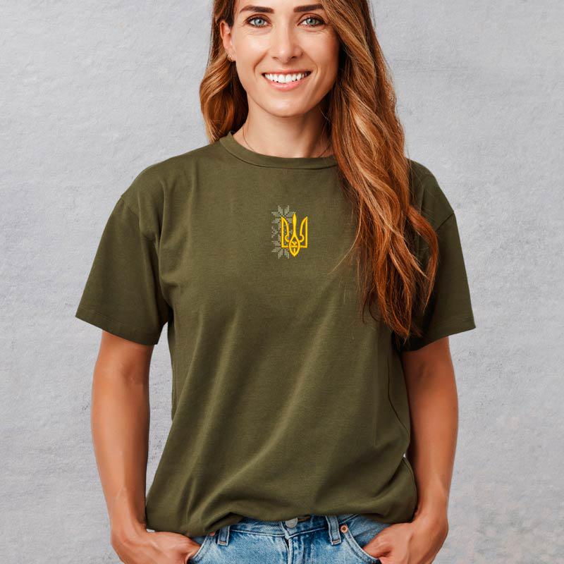 Футболка з вишивкою тризуба 02-5 жіноча XL Хакі (154284-17-15)