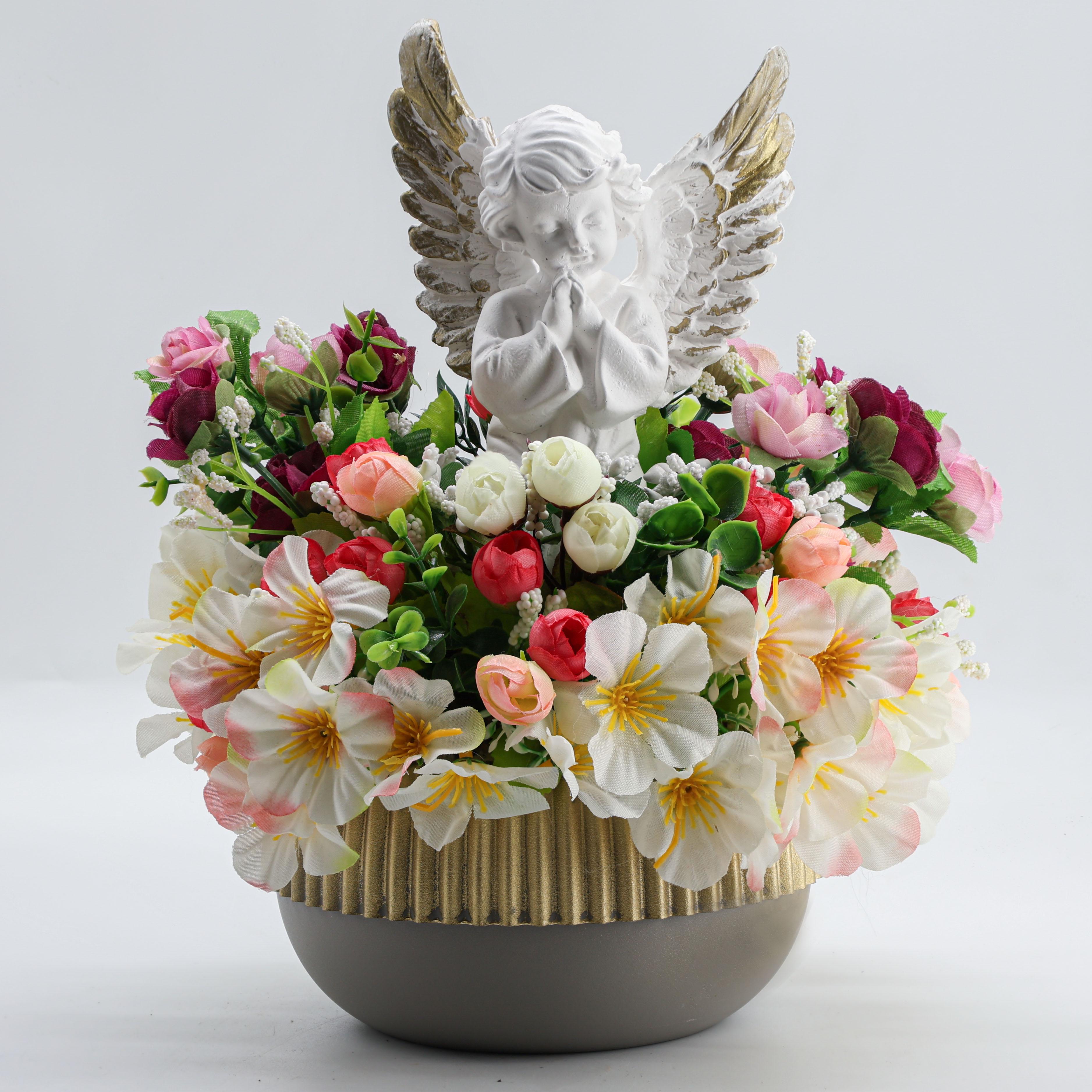 Пасхальная композиция ДАЙС из искусственных красных и белых цветов с ангелом в керамическом кашпо 25 см (КA2025R)