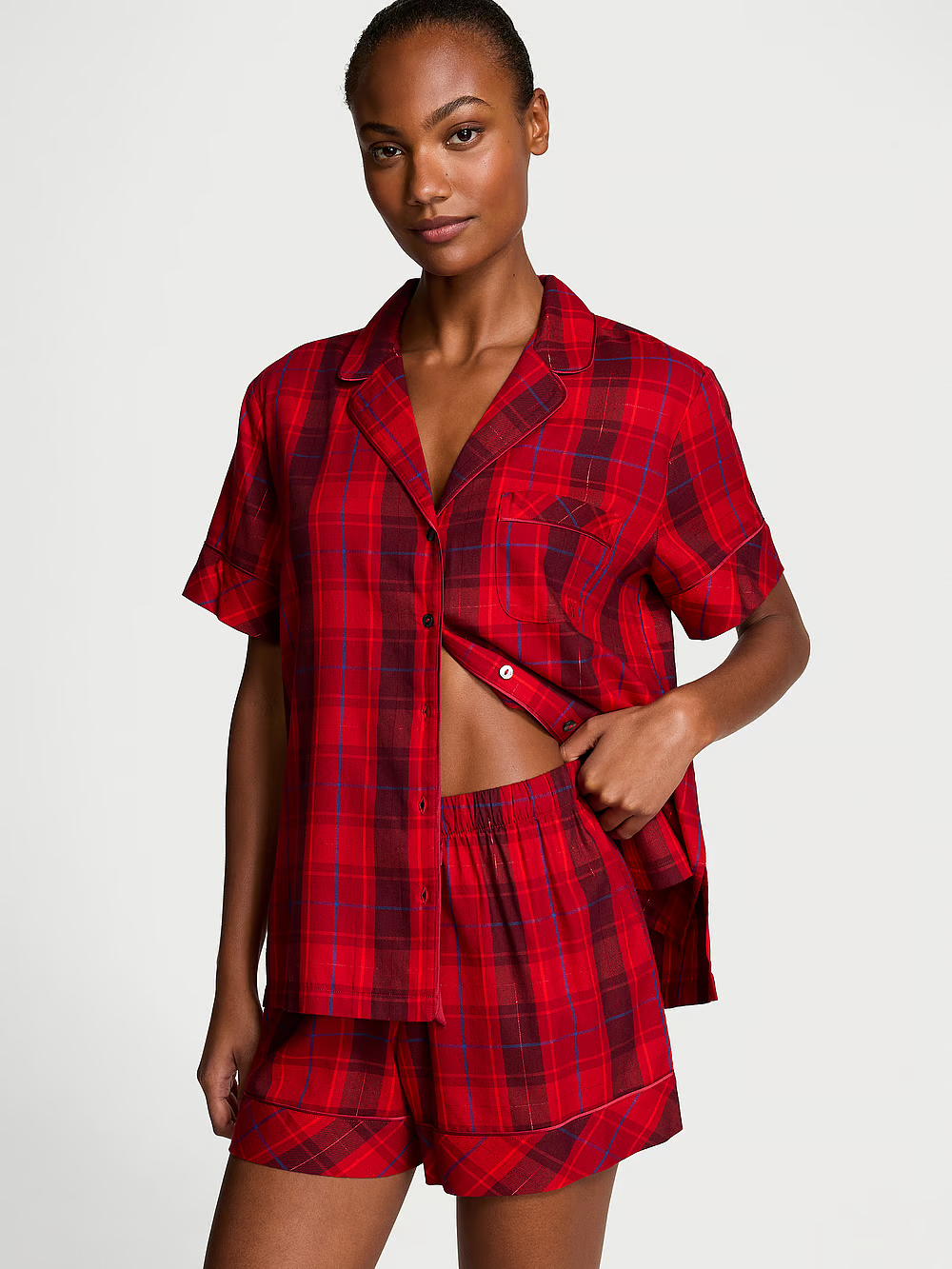 Піжама жіноча Victoria's Secret Flannel Short Pajama Set фланелева S Червоний у клітинку (24586327)