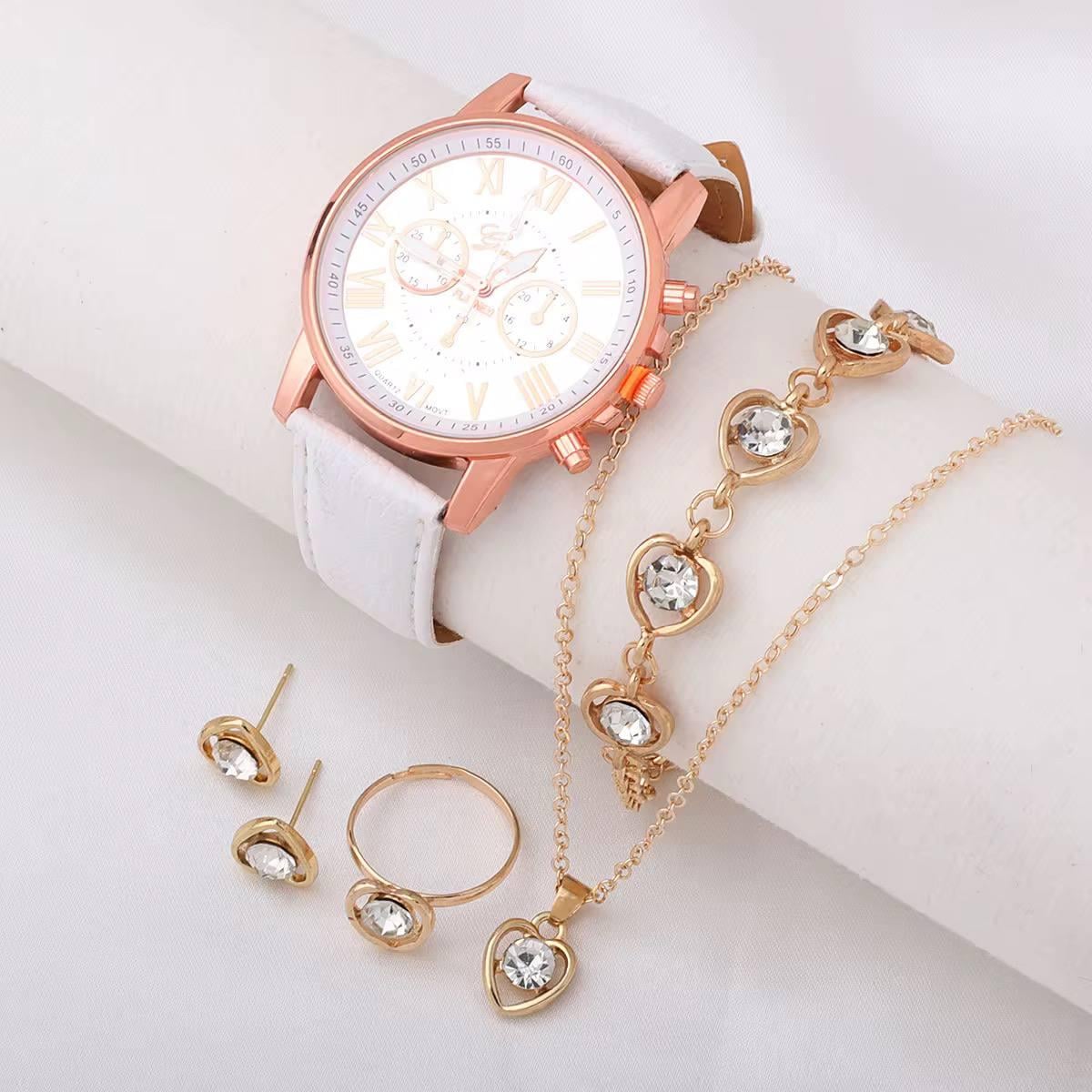Часы женские с ремешком и ювелирный набор украшений ожерелье/кольцо/серьги 6 шт. Белый