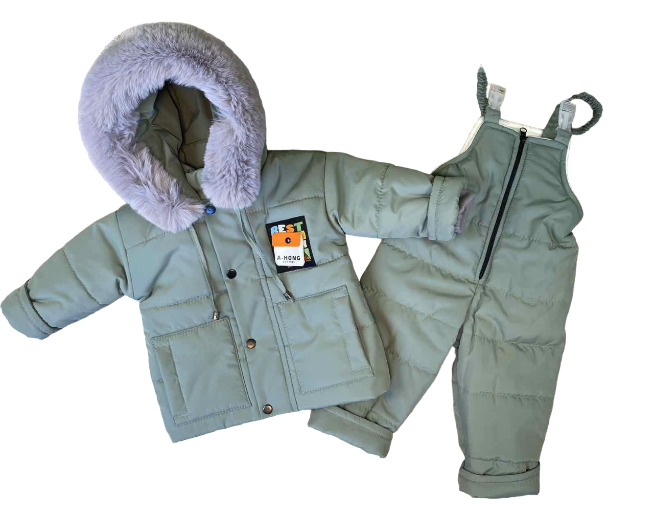 Детский зимний полукомбинезон и курточка раздельный 86 см Оливковый (21387)