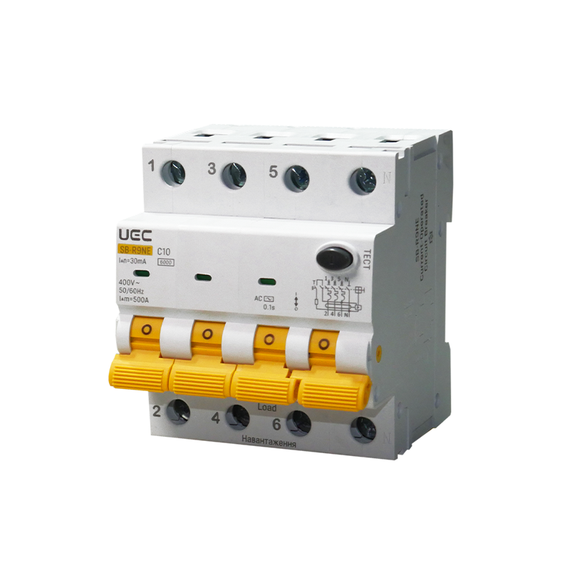 Дифференциальный выключатель UEC SB-R9NE 4P 10А 30мА 6кА тип АС (RCBO60-4-010-C-030-AC)