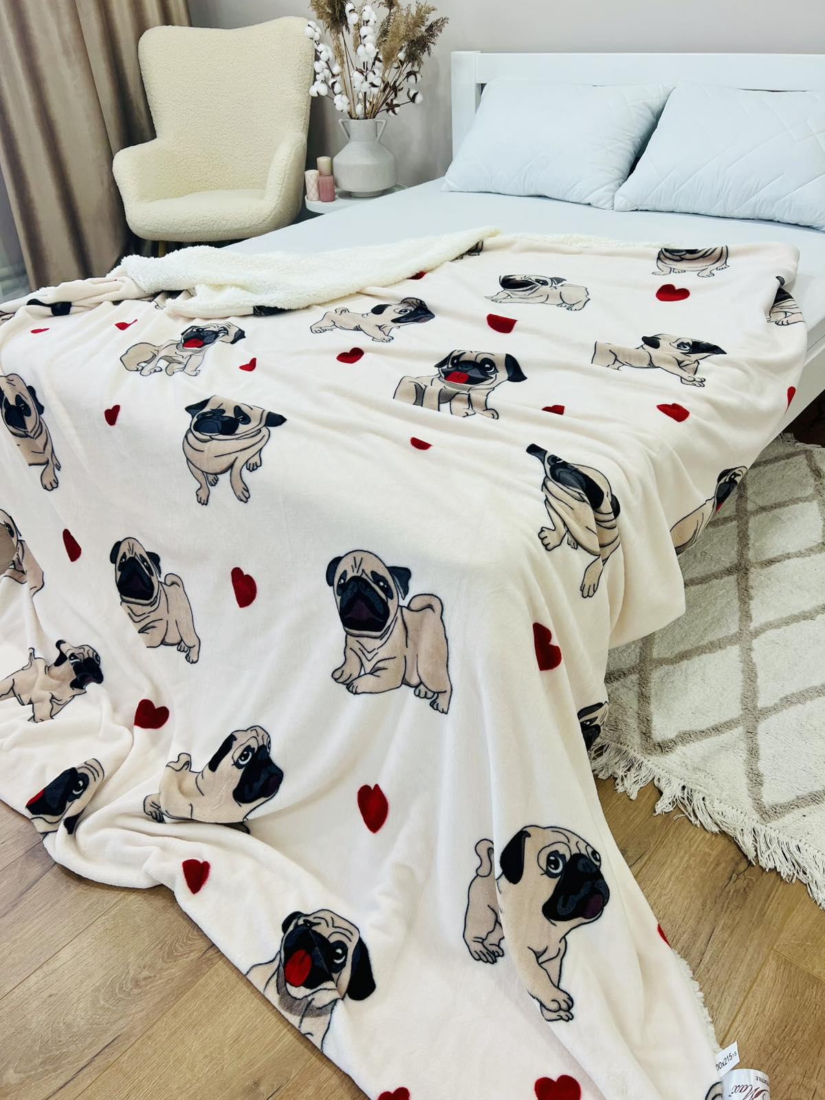 Плед двусторонний Мопсы велюр-шерсть 150x210 см Белый (27716667)