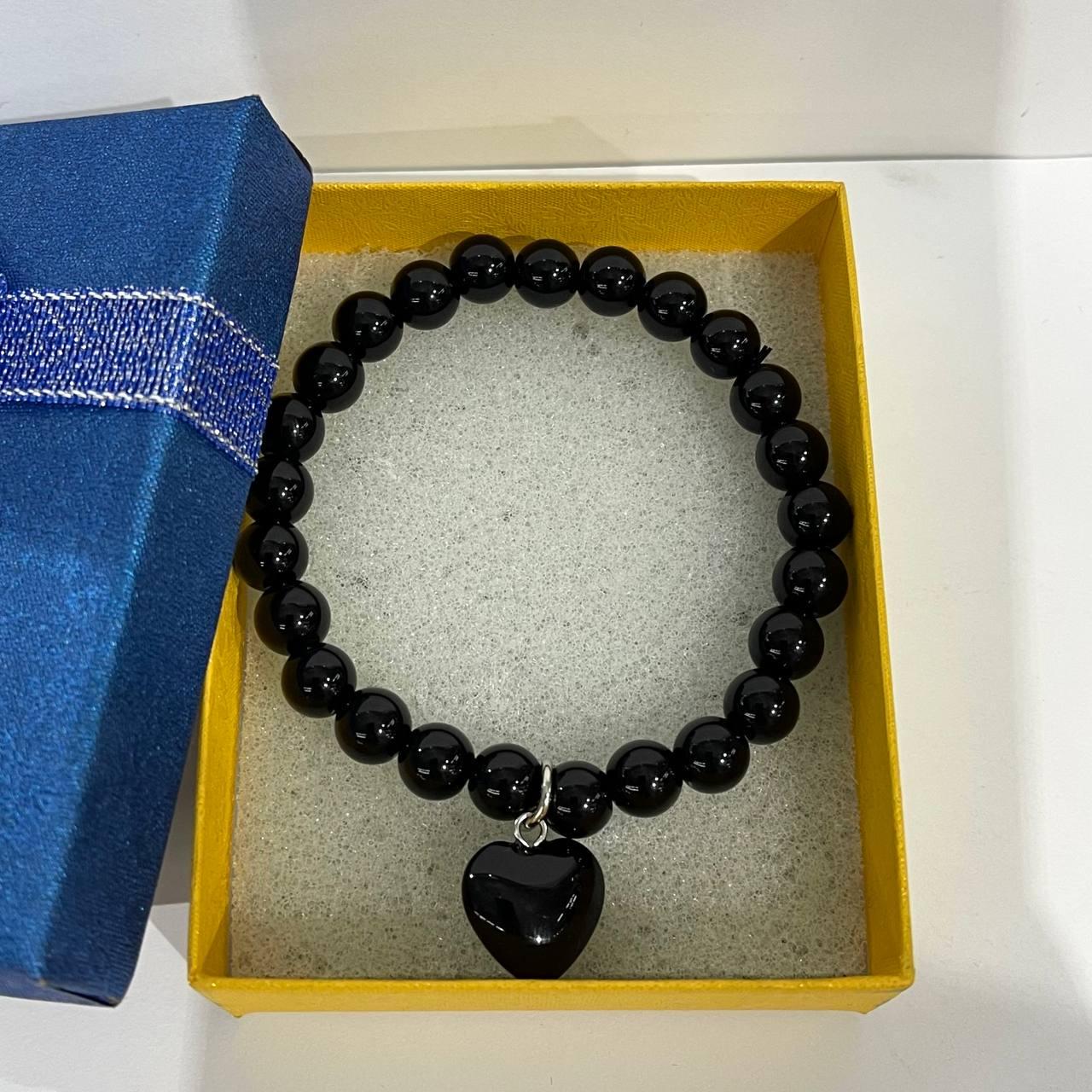 Браслет с кулоном из натурального камня агат круглые бусины в коробочке Черный (2032310428)