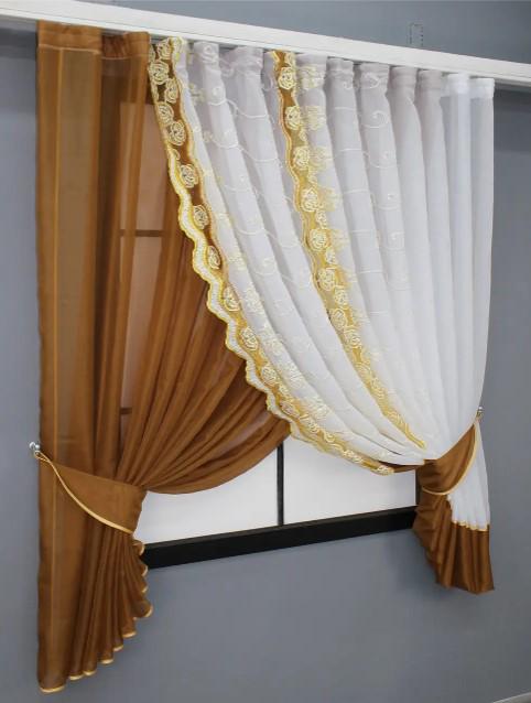 Занавеска на кухню 330х160 см Коричневый/Белый (060к) - фото 3