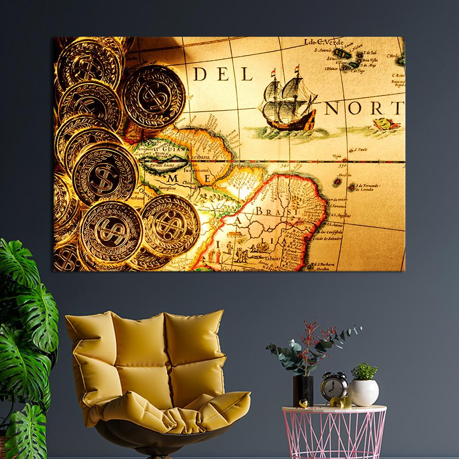 Картина карта Старая карта и монеты 80x54 см (A1331-1)