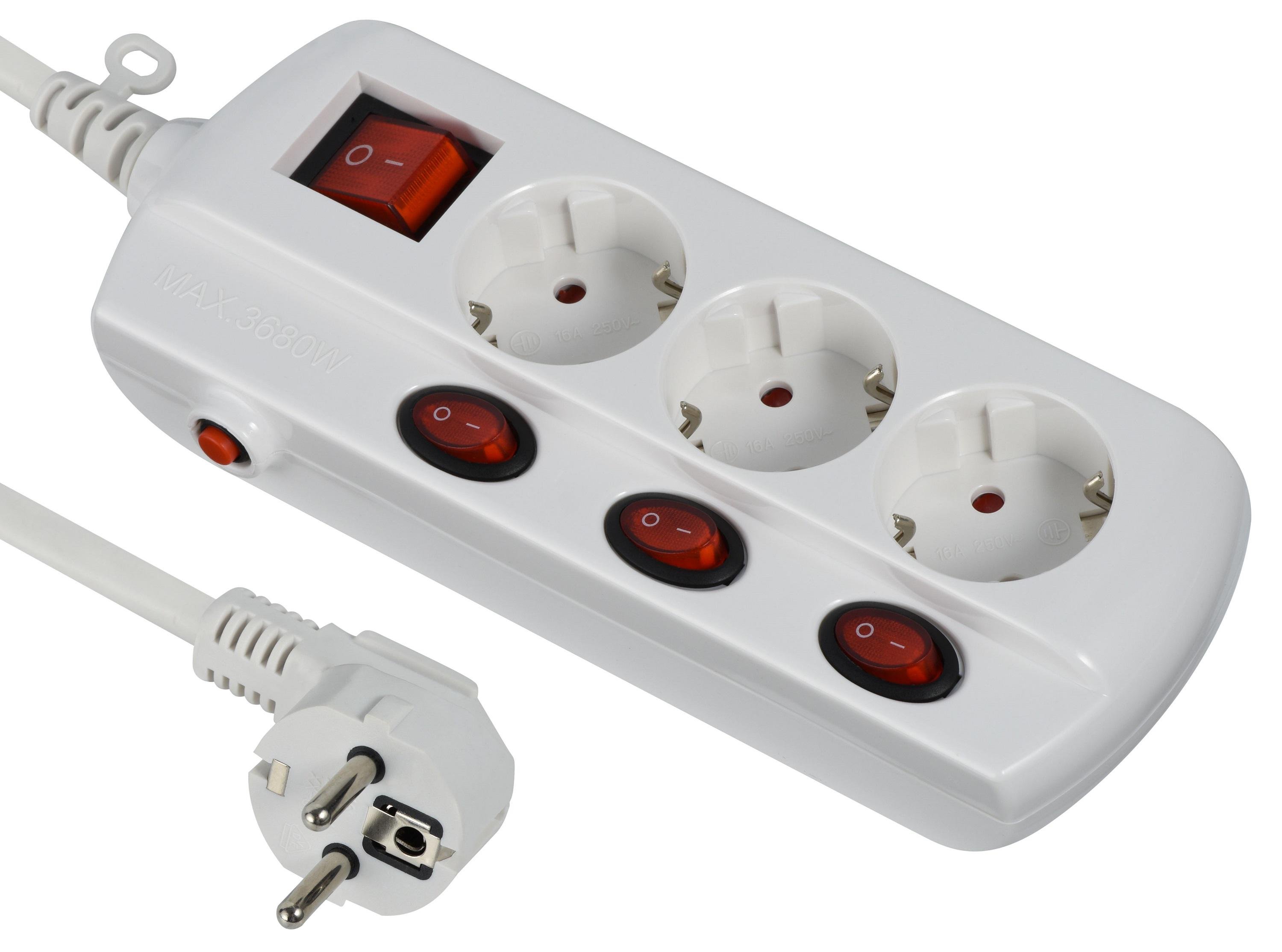 Удлинитель Electraline 3 розетки 1,5 м 16A с 3 индивидуальными выключателями Белый