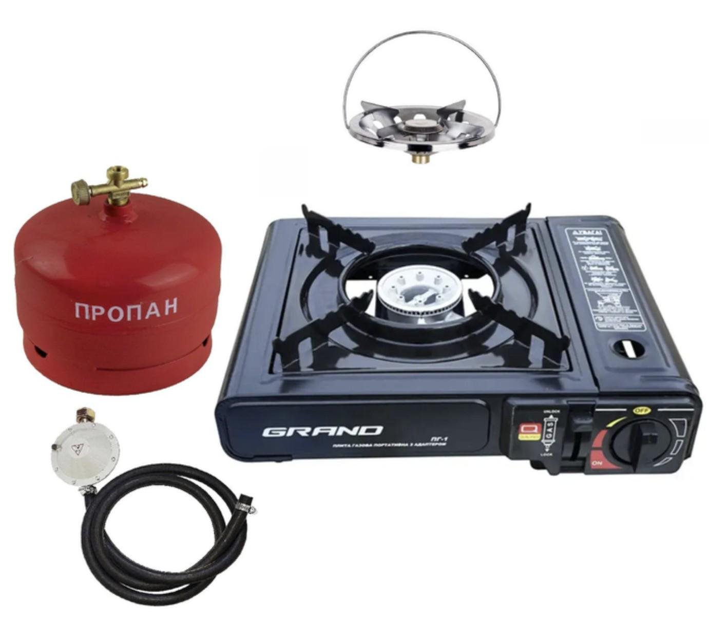 Плита газова CampMaster CM-5L з адаптером балоном 5 л/редуктором/шлангом/пальником Black (	567)