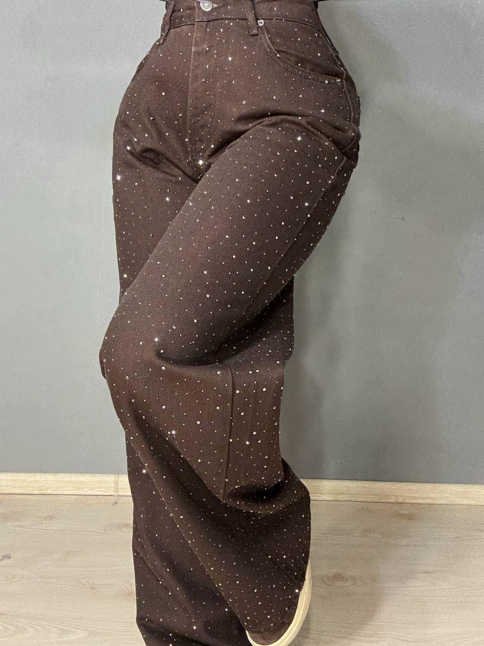 Джинсы женские Dk-49 1720 Palazzo Baggy с камушками широкие р. 40 Коричневый (5978) - фото 7
