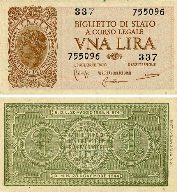 Коллекционная банкнота Италия 1 лира 1944 AU-UNC Подписи Bolaffi/Cavallaro/Giov (P29b)