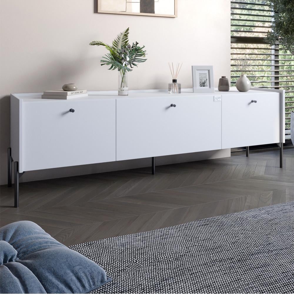 Тумба под телевизор на 3 ящика Lion Wood с черными ножками 160х65х40 см Нимфея Альба белый (Lion-043102)