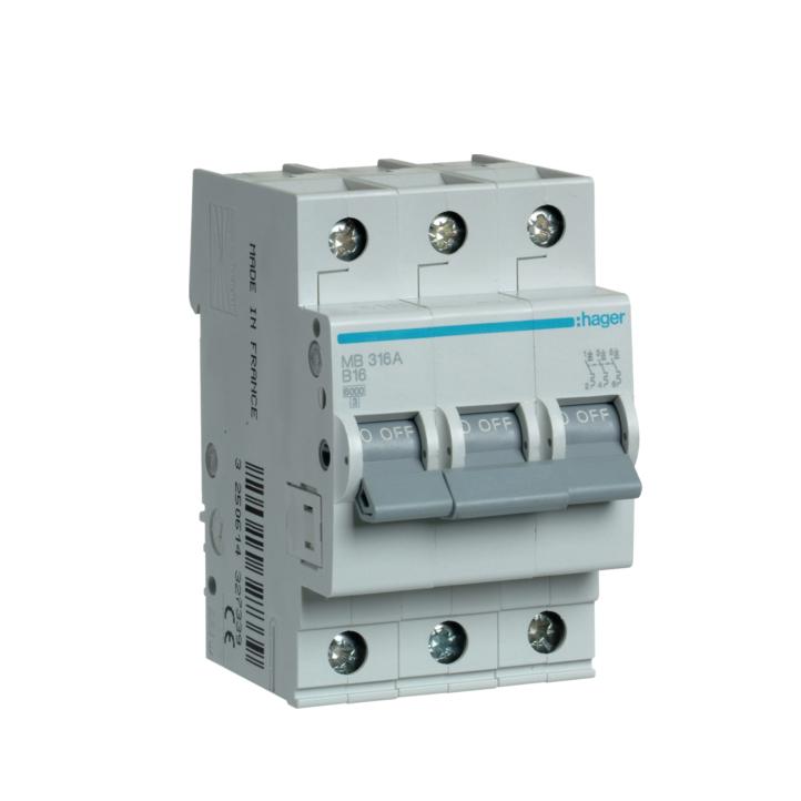 Автоматический выключатель Hager 3P 16A B 6 kA MB316A 3M