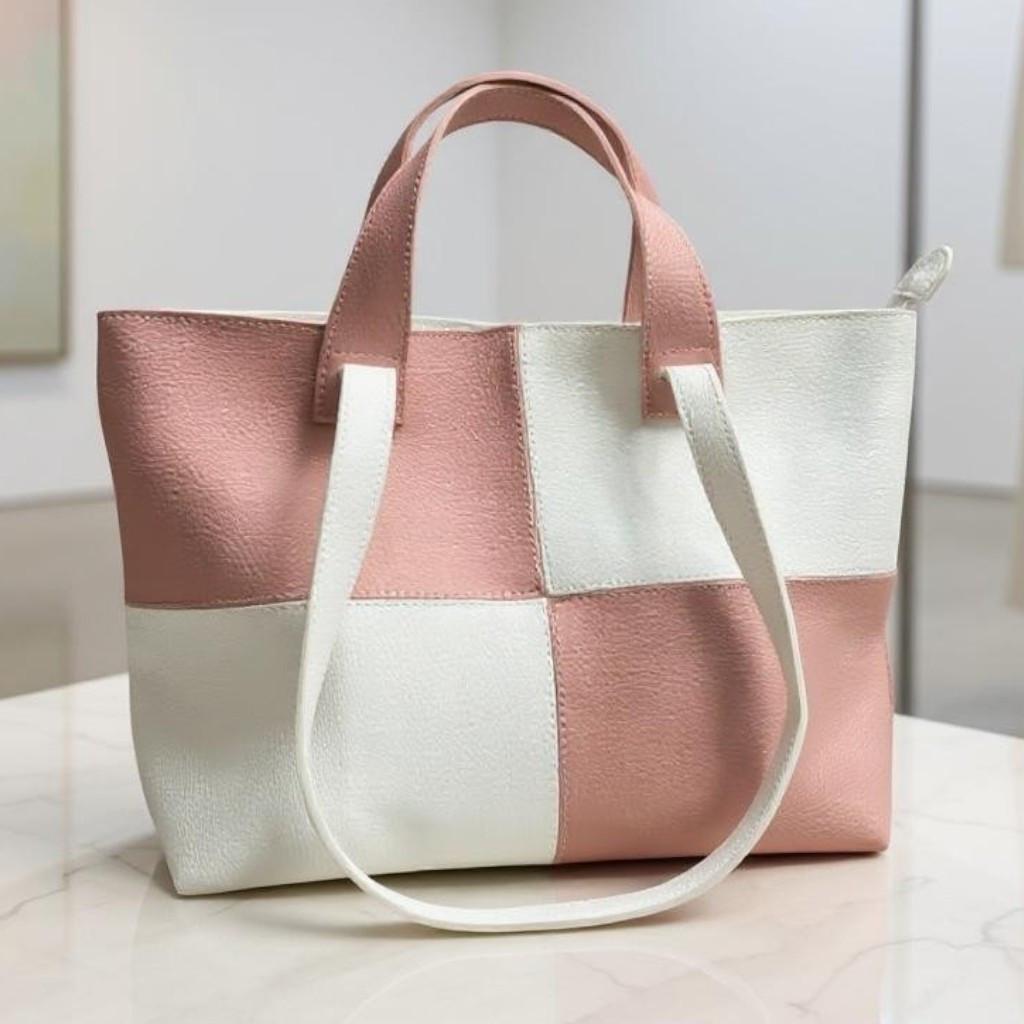 Сумка-шоппер стильная женская на плечо большая экокожа вмещает A4 Белый/Пудровый