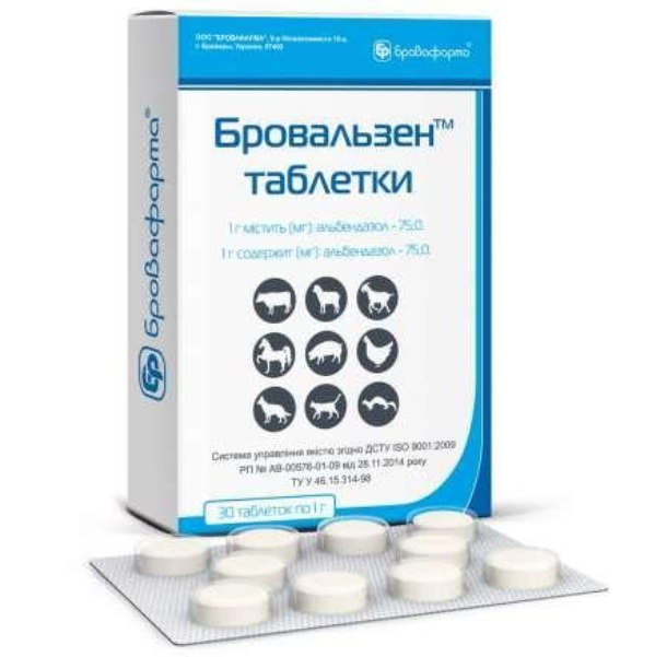 Ветпрепарат Бровальзен антигельминтик широкого спектра действия из группы бензимидазолов для животных 30 табл. (00000000425)