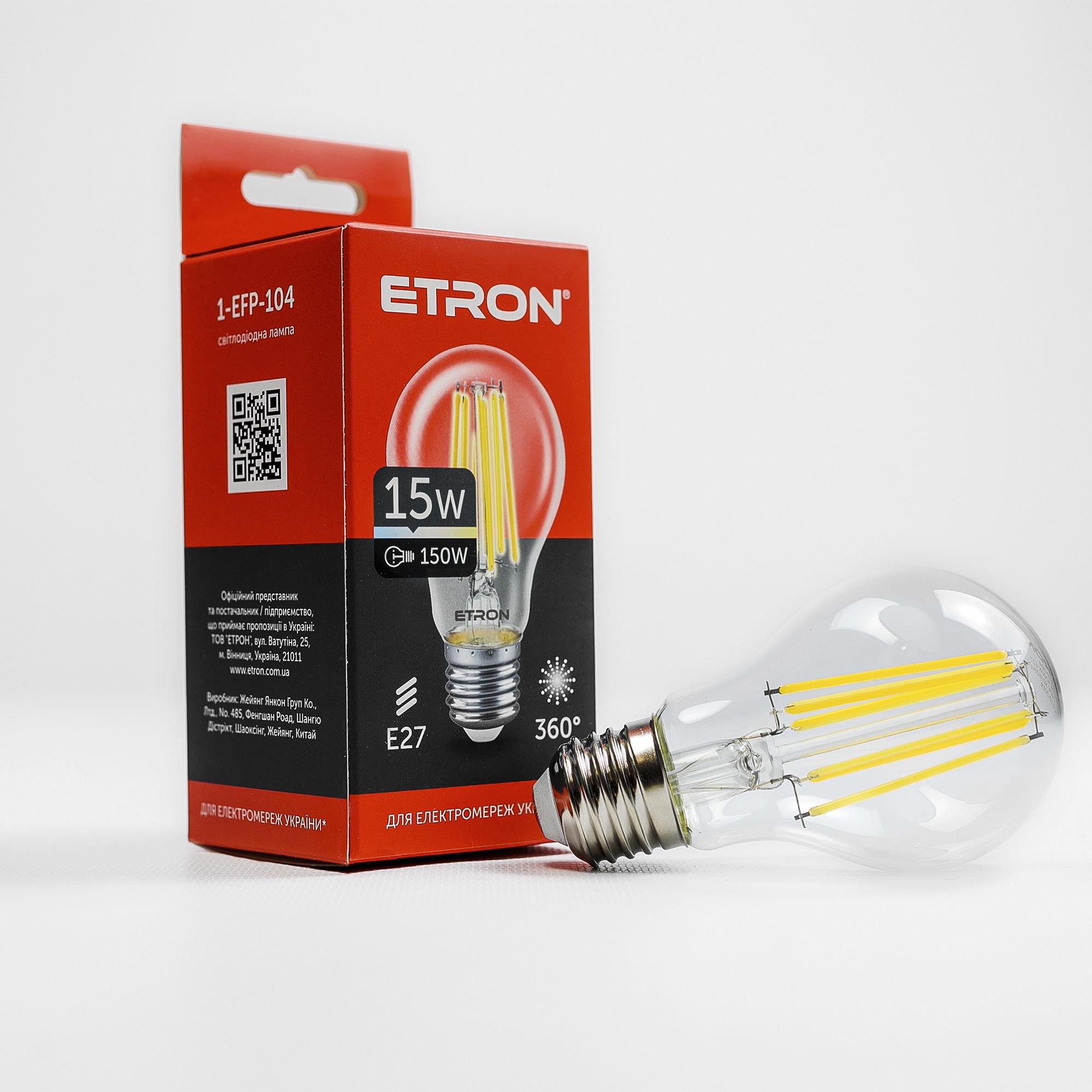 Лампа LED ETRON Filament A60 15W 4200K E27 прозрачное стекло (1-EFP-104)