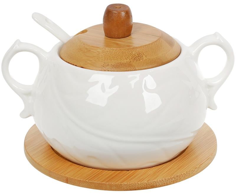 Сахарница фарфоровая Nouvelle Home Лист 400 мл с двумя ручками на подставке-костере (BD-375-374)