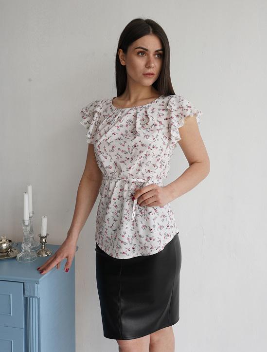 Блузка женская Актуаль с поясом розочка розовая софт р. 44 Белый (002) - фото 1