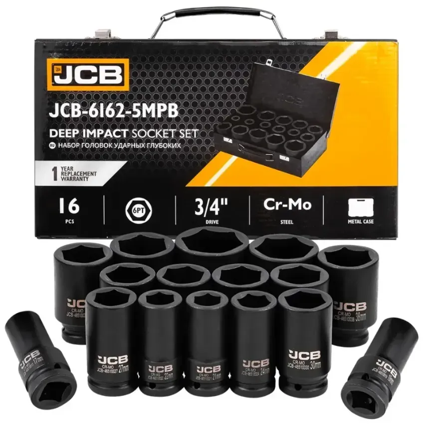 Набір головок JCB Tools ударних глибоких в металевому кейсі 16 од. 3/4'' 6-г 17-50 мм
