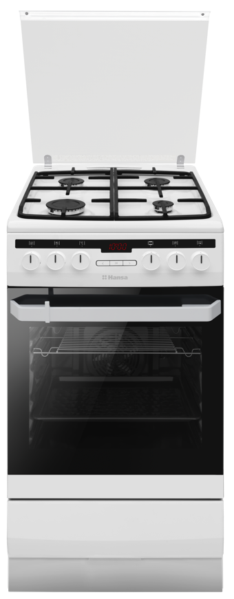 Плита комбинированная Hansa FCMW58221, White, механическое, 4 газовых конфорки, электрическая духовка, объем духовки 65 л, большой электрический гриль, освещение, малый гриль, 85x50x60 см