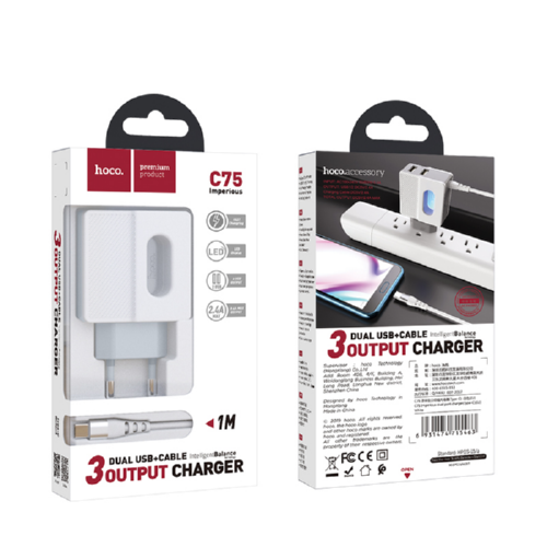 Адаптер мережевий Hoco Type-C cable C75 2USB 2,4 A White (544571) - фото 2